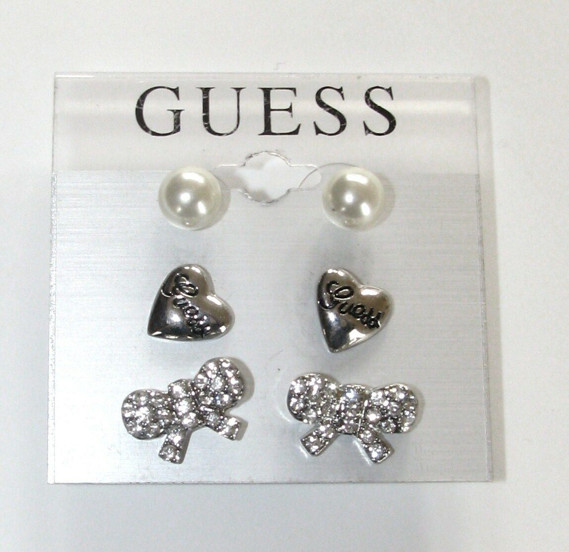 

NEW SET OF 3 GUESS SILVER TONE EARRINGS PEARL STUDS RHINESTONE BOWS LOGO HEARTS