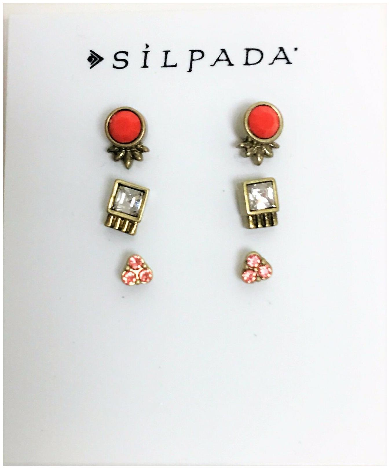 

NEW SET OF 3 SILPADA BRASS TONE CRYSTALS ROSE GOLD RED STUD EARRINGS