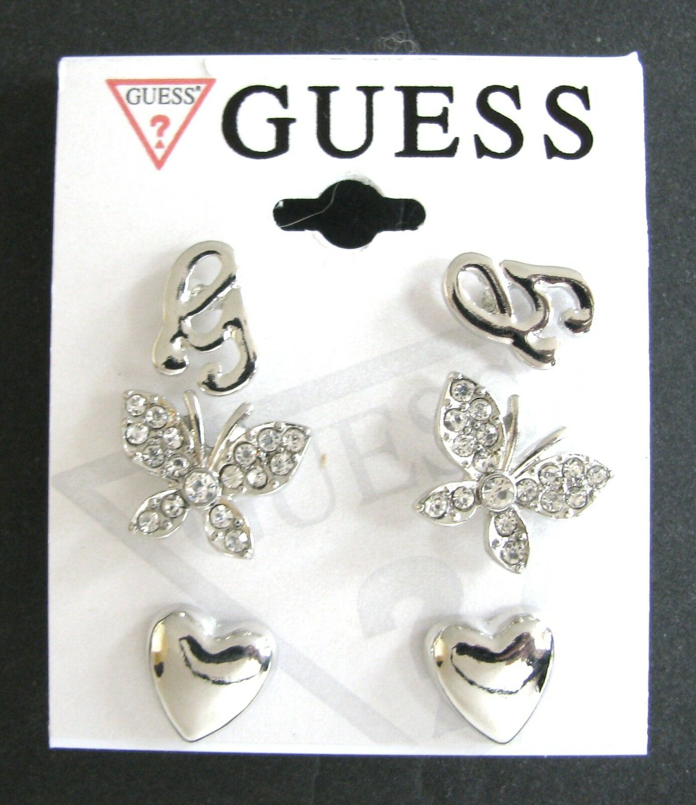 

NEW SET OF 3 GUESS SILVER TONE EARRINGS HEART G LOGO BUTTERFLYw RHINESTONES