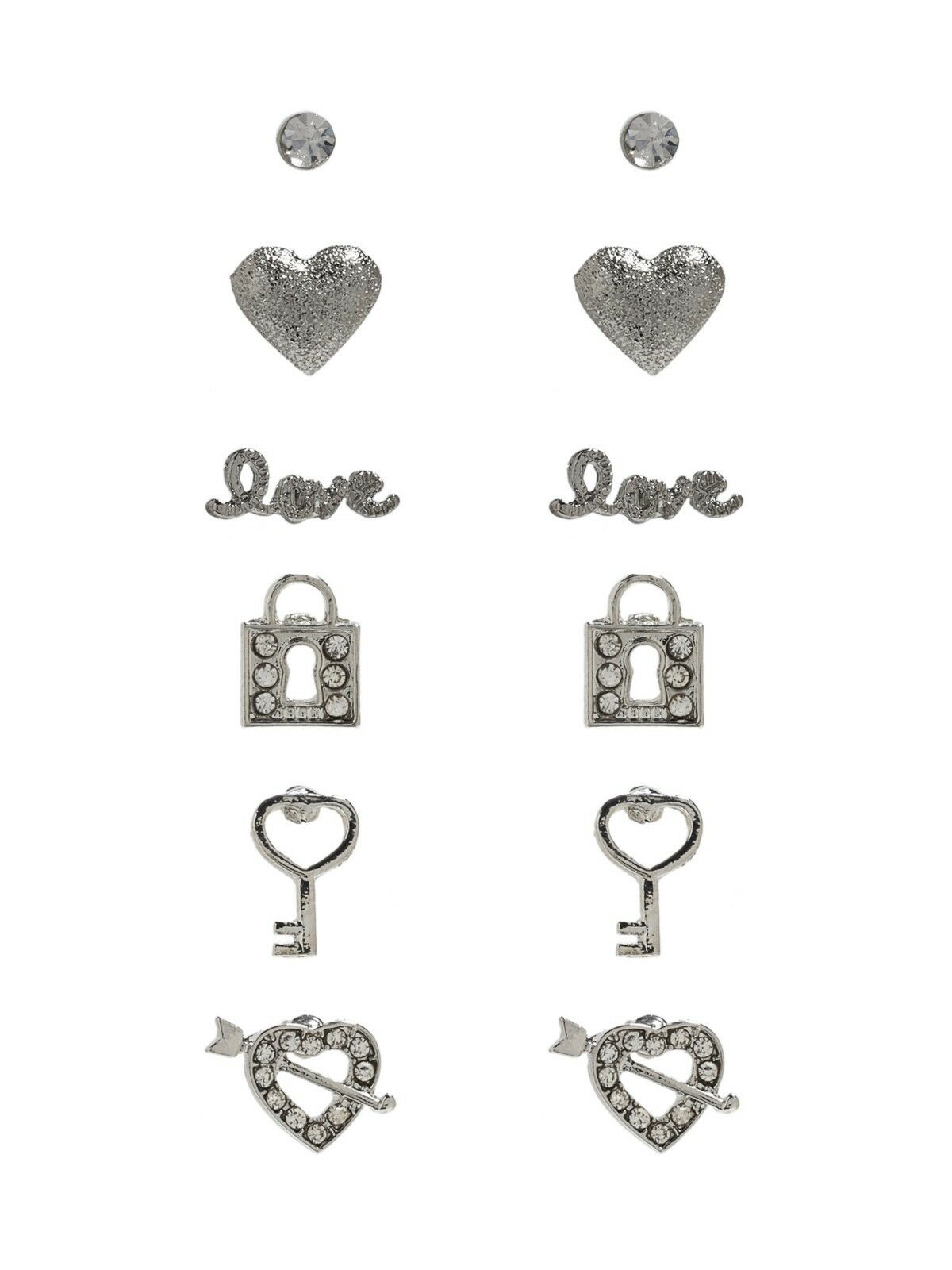 

NEW SET OF 6 GUESS GOLD TONE HEART PADLOCK KEY LOVE RHINESTONE STUD EARRINGS