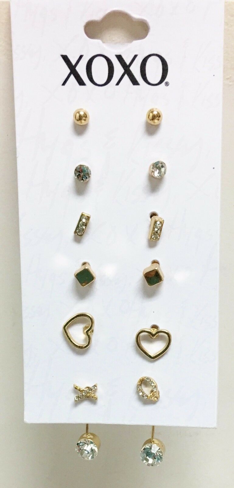 

NEW SET OF 6 XOXO GOLD TONE CRYSTAL HEART XO STUD EARRINGS V25745