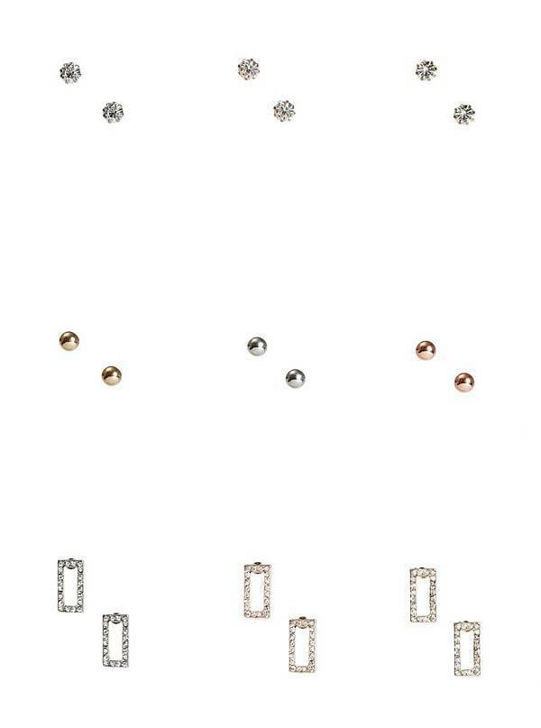 

NEW SET OF 9 GUESS ROSE GOLD SILVER GOLD SPHERE RHINESTONE RECTANGLE EARRINGS