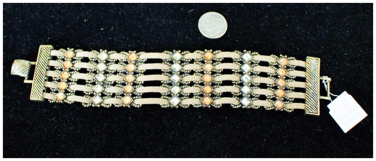 

New Signed LIA SOPHIA Goldrtone Leather Strips Rhinestone 7 1 2 Bracelet