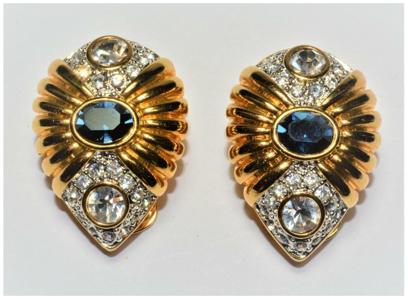 

New Signed NOLAN MILLER Goldtone Blue Clear Rhinestones Clip-On Earrings