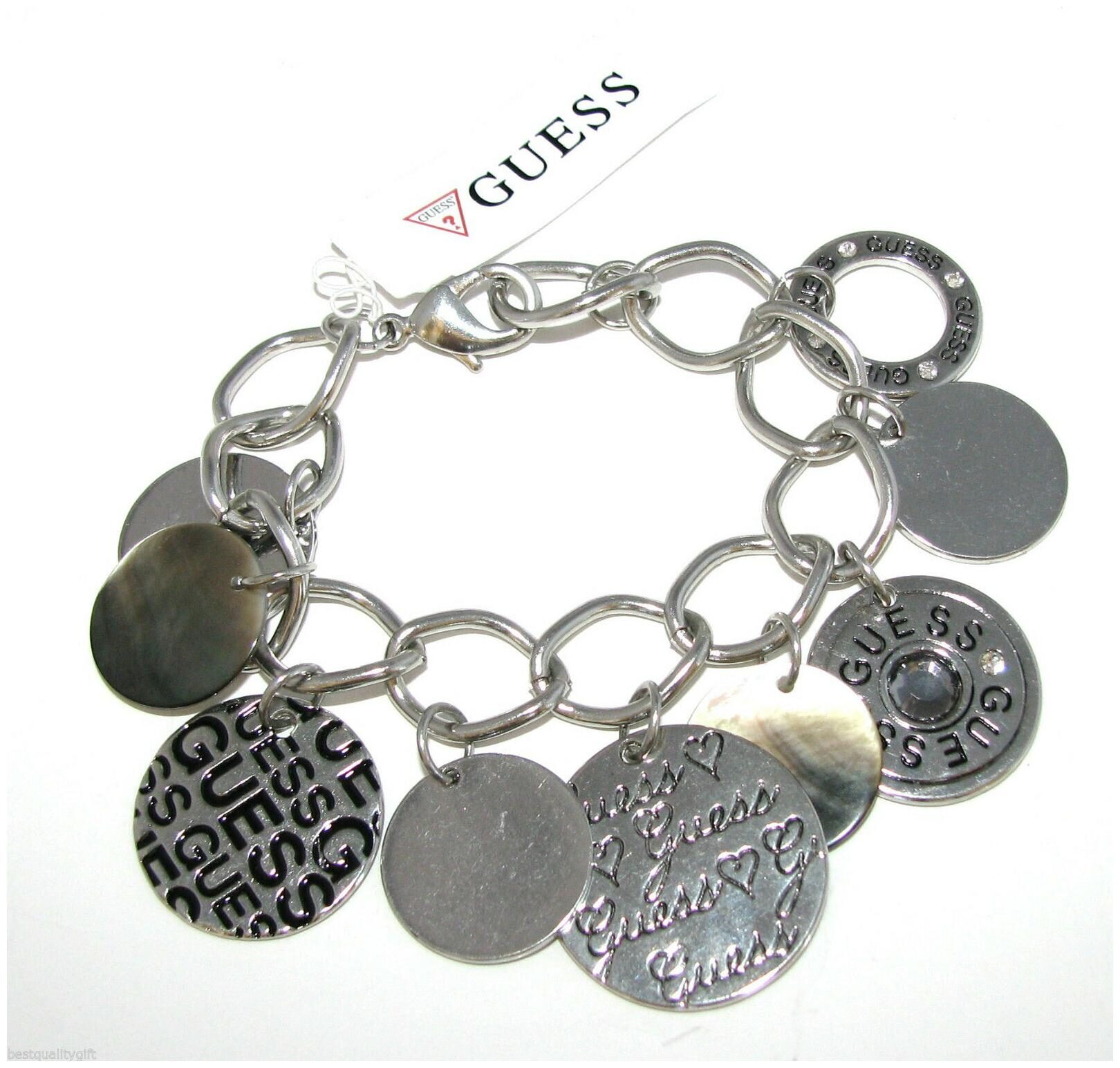 

NEW SILVER TONE GUESS CHAIN LINK WOMENS CHARM BRACELET MOP RHINESTONE ACCENT
