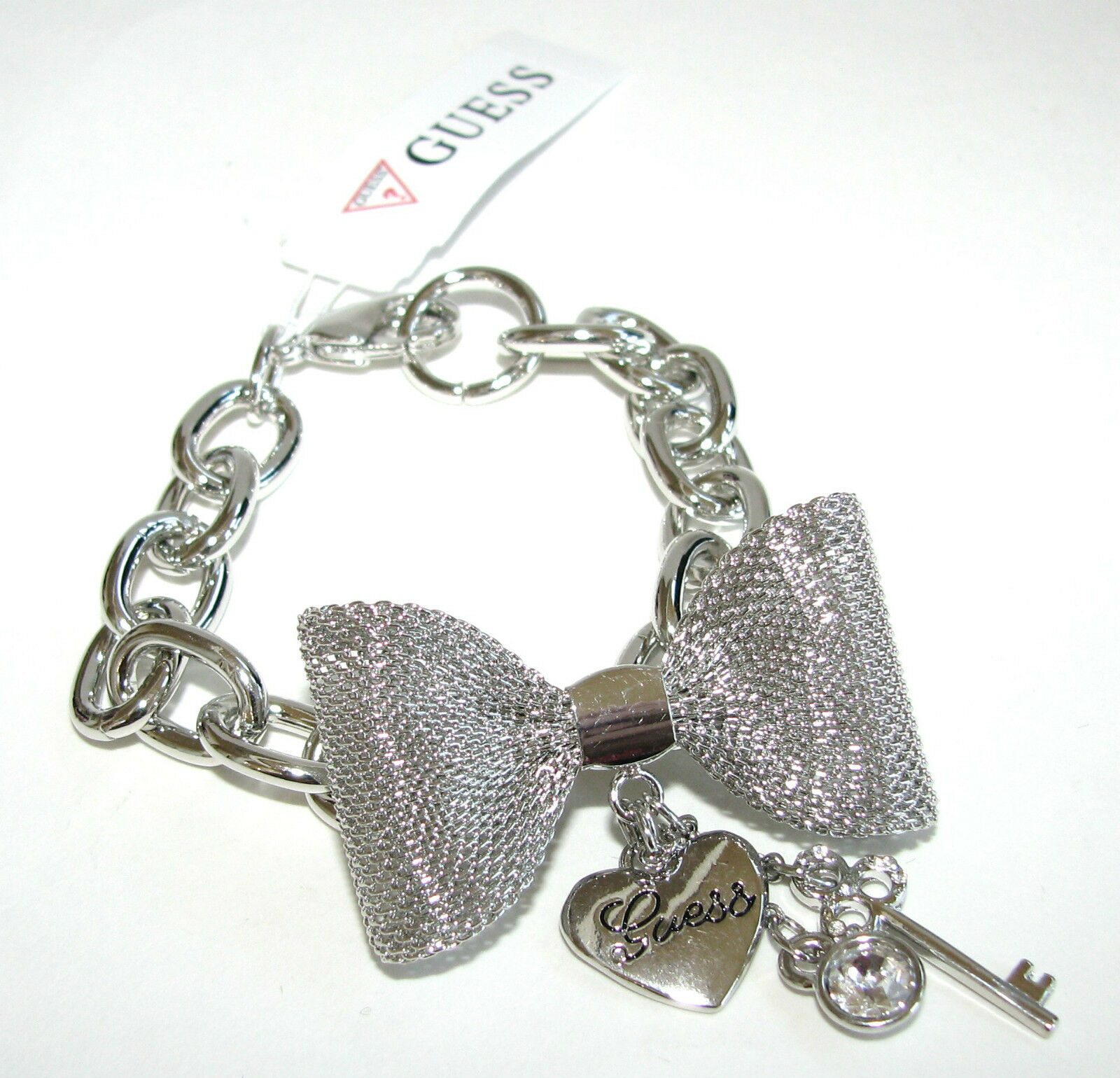 

NEW SILVER TONE GUESS CHAIN LINK WOMENS BRACELET MESH BOW HANGING PENDANTS