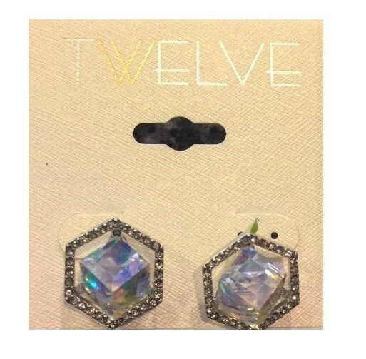 

NEW TWELVE SILVER TONE SWAROVSKI PAVE CRYSTAL BOX SHAPED HEXOGAN STUD EARRINGS