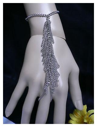 New Women Silver Fringe Hand Links Chain Fashion Slave Bracelet Wrist To Ring
