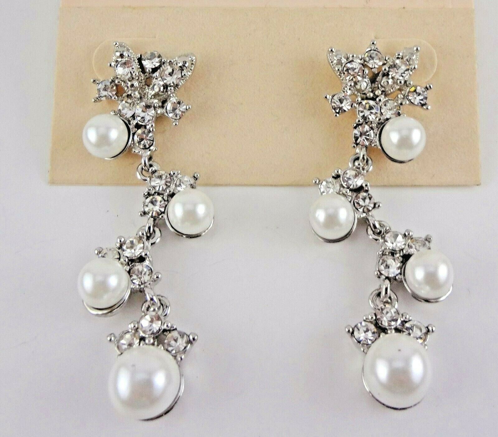 

NOS Kirks Folly Crystal Faux Pearl Drop Pierced Earrings - Silver Tone