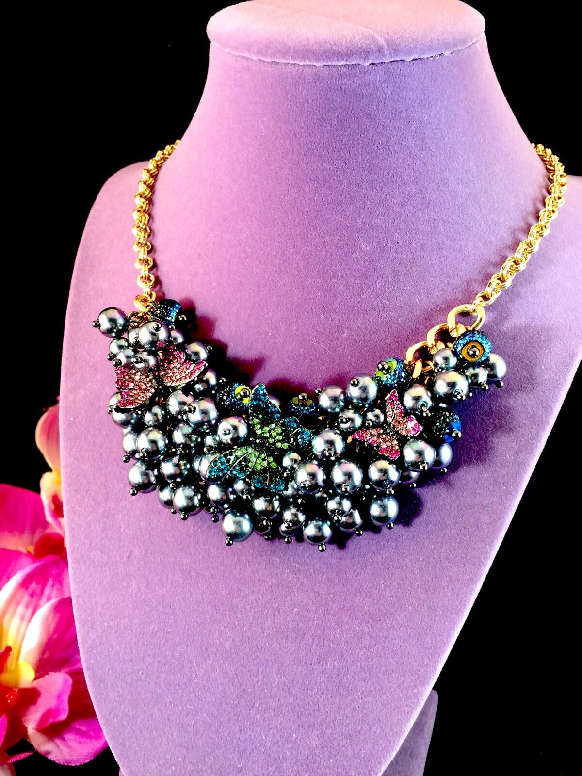 

NWT BETSEY JOHNSON CHAIN NECKLACE YOU GIVE ME BUTTERFLIES CLUSTER BEAD PENDANT