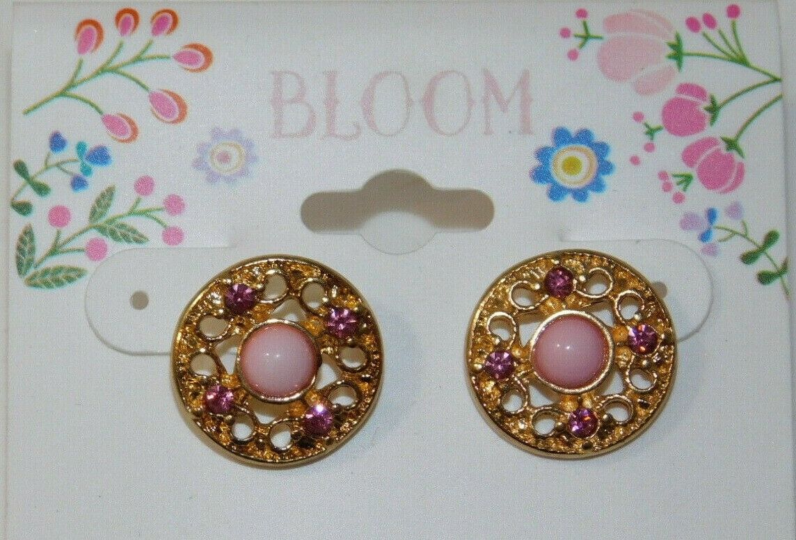 

NWT BLOOM Pink Coral Rhinestone Gold tone Filigree Round Stud Earrings 6m 8