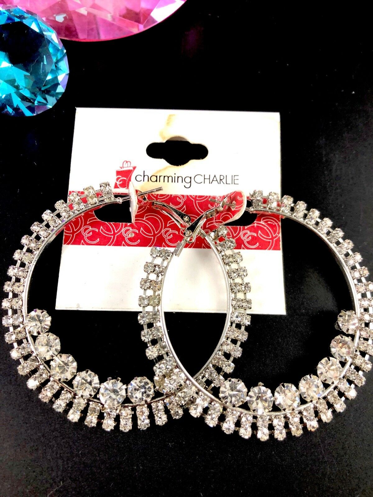 

NWT HUGE CHARMING CHARLIE SILVER-TONE CRYSTAL RHINESTONE HOOP PIERCED EARRINGS