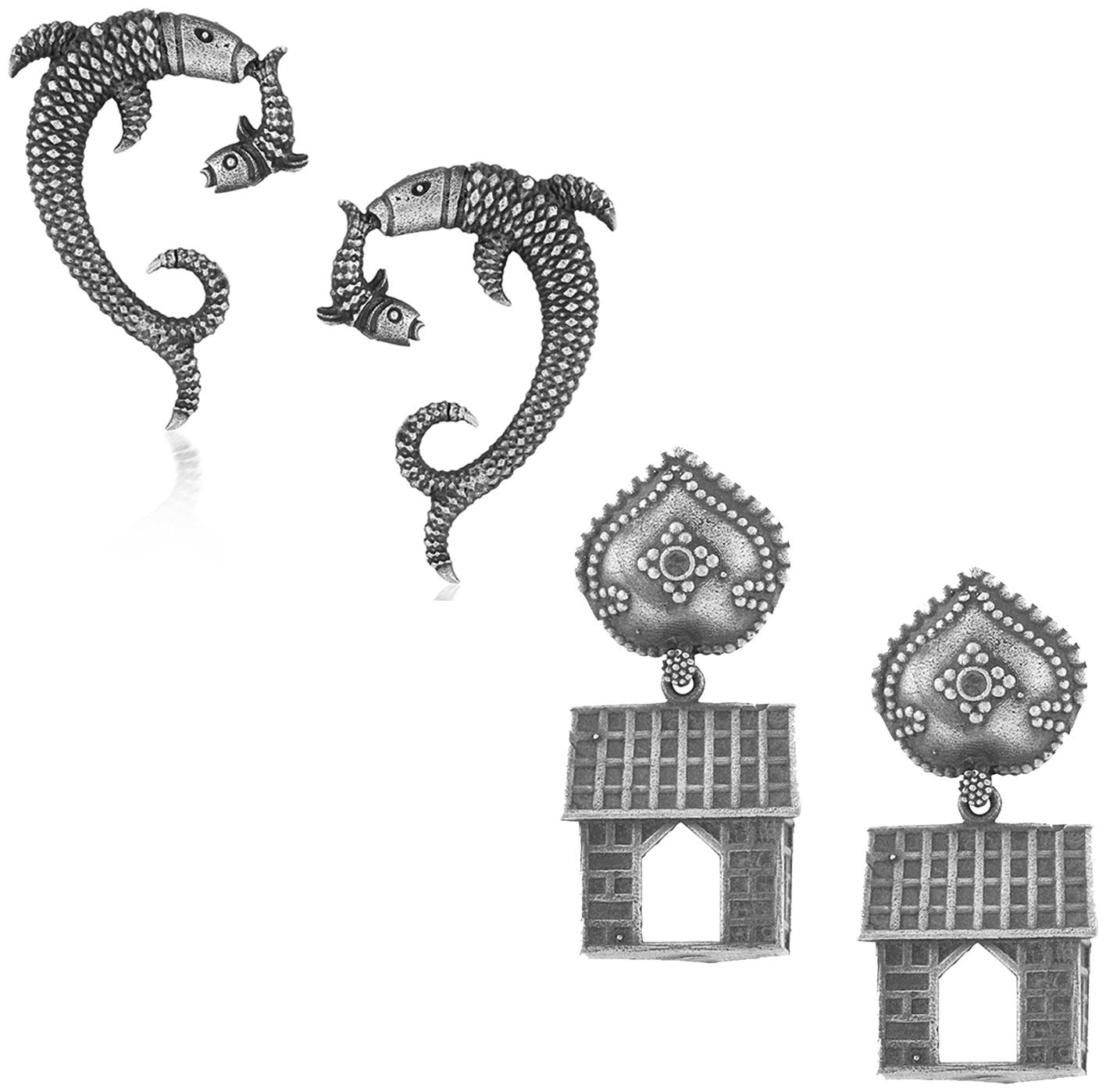 

Okos Navaratri Special-Okos Indo Western Style Rhodium Oxidise Jewellery Combo of Hunting Shark Fish And Dangling House Earrings For Women CO1000345
