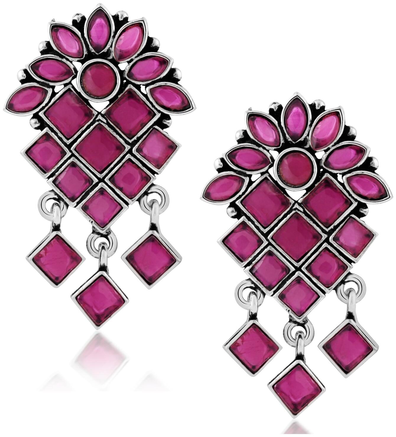 

Okos Rhodium Oxidised Navratri Special Jewellery Red Kundan Studded Dangle Earrings For Women ER1000142