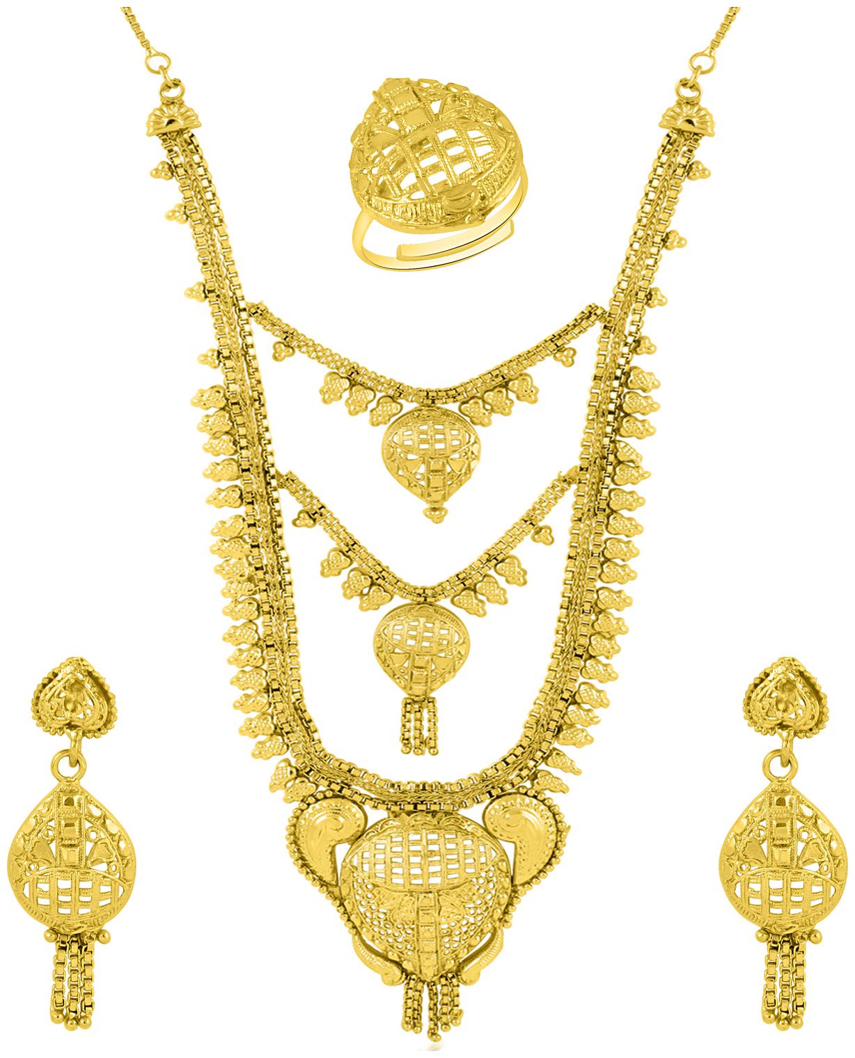 

Okos Traditional Ethnic Alloy Gold Plated 3 Layer Long Necklace Jewellery Set with Earrings and Adjustable Finger Ring for Girls and Women NL1000582