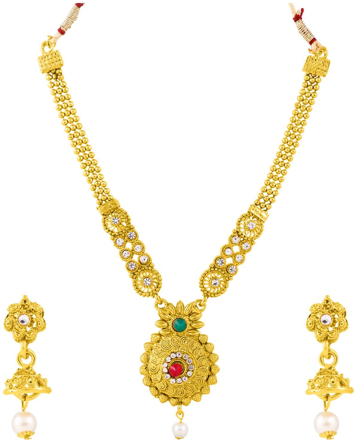 

Okos Traditional Ethnic Alloy Gold Plated Kundan Stones Studded Ballchain Necklace Set for Girls and Women NL1000583