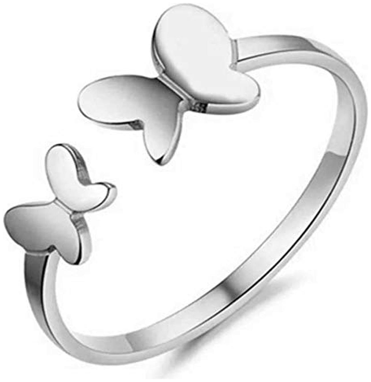 

Okos Valentines Collection Rhodium Plated Adjustable Free Size Dual Fluttering Winged Butterfly Finger Ring for Girls and Women FR1000963
