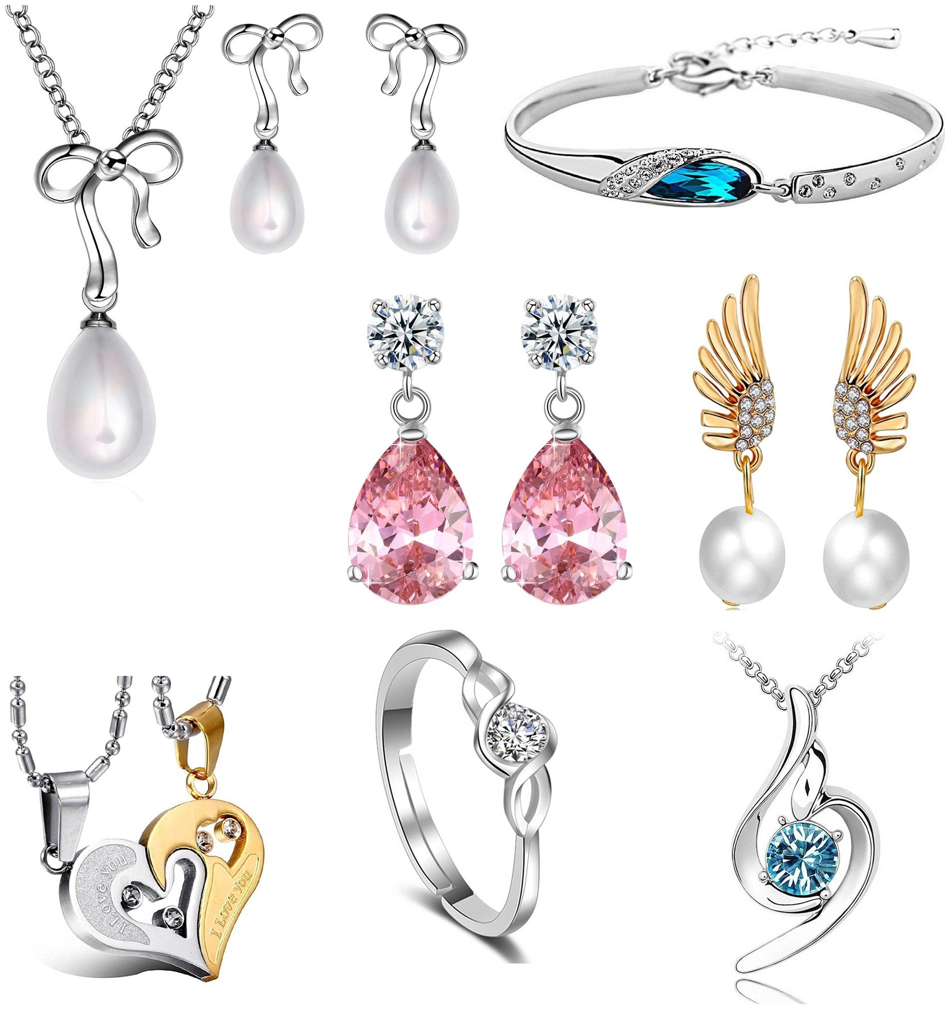 

Om Jewells Gold and Rhodium Plated Crystal Jewellery Set of 1 Pendant Set Drop Dangler Earring Adjustable Finger Ring and Bracelet and Pendant for Girls and Women CO1000279