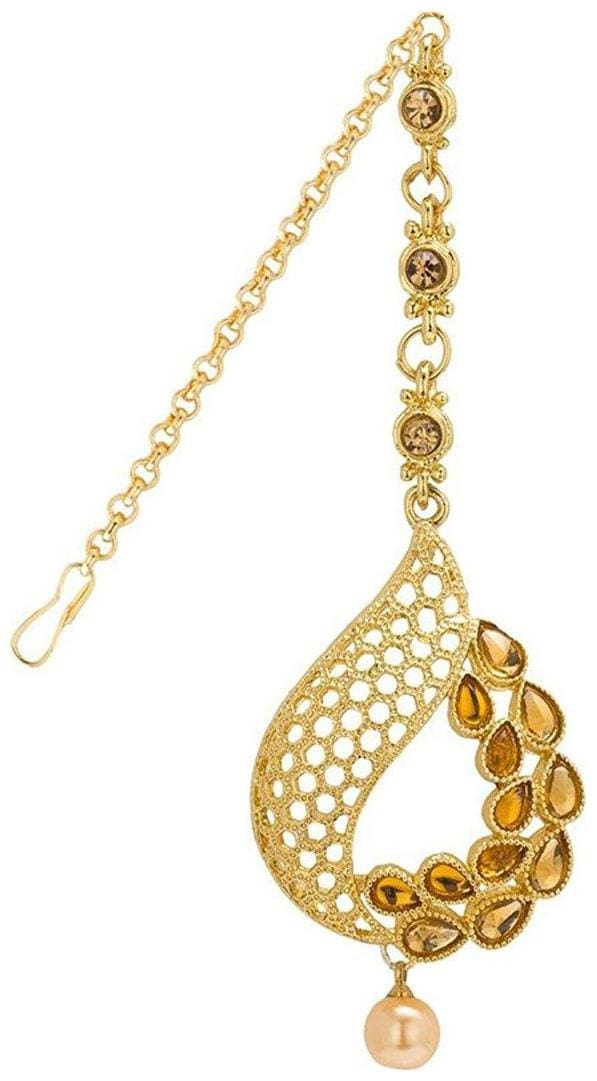 Om Jewells Gold Plated Traditional Paisley shaped Maangtikka with Kundan and artificial pearl for girls and women MT1000601