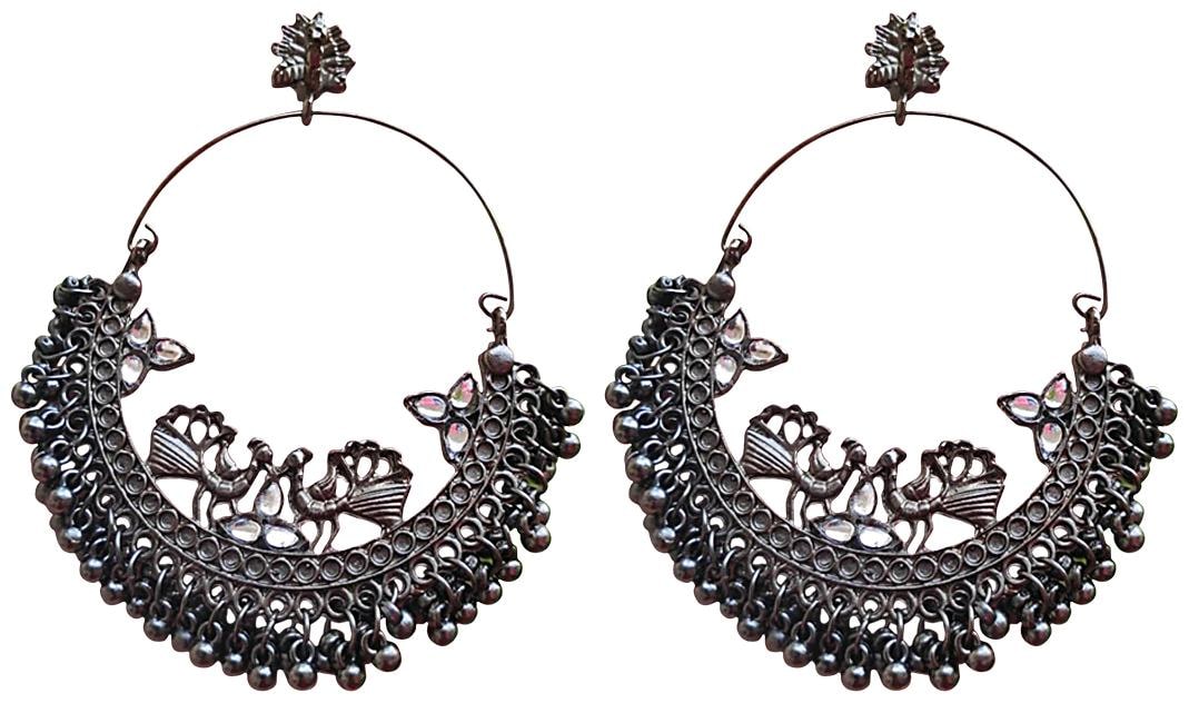 

Omaya Latest Fashion Kala Peacock Chandbali Ghungroo Black Oxidized Hoops Jewelery Earring For Women Girls