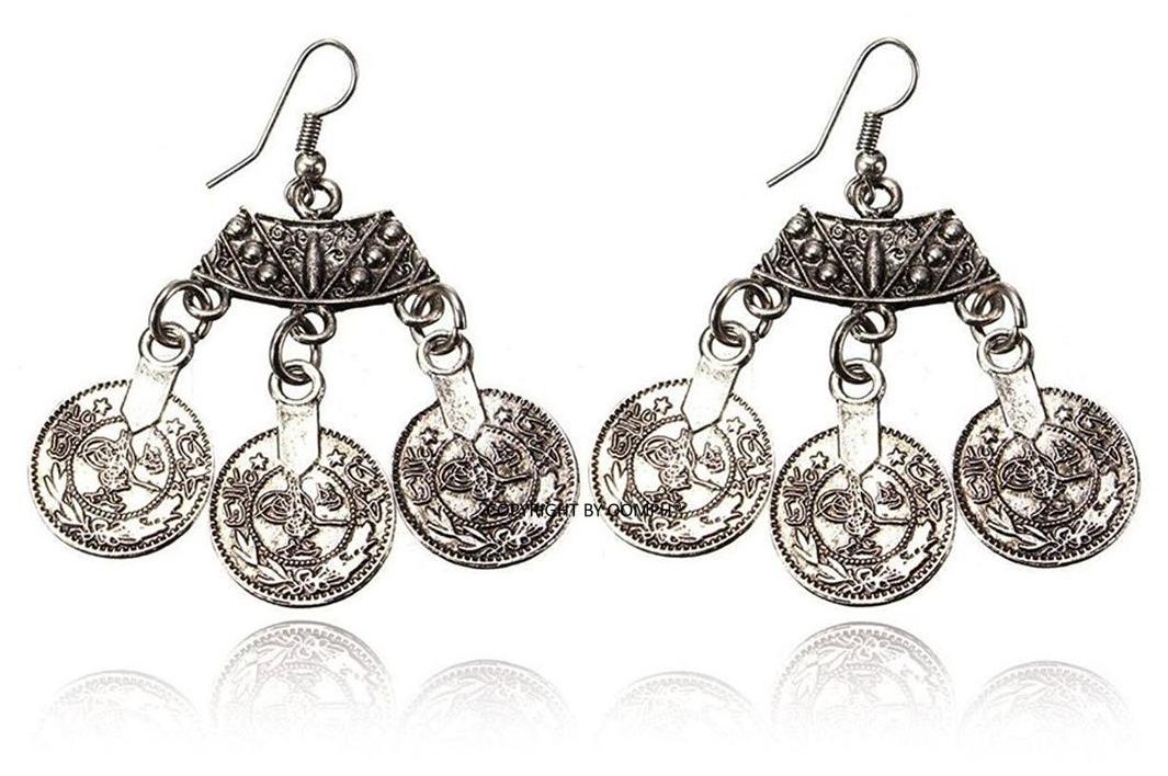 

OOMPH Antique Silver Bohemian Coins Drop Earrings For Women Girls Boho Chic Collection