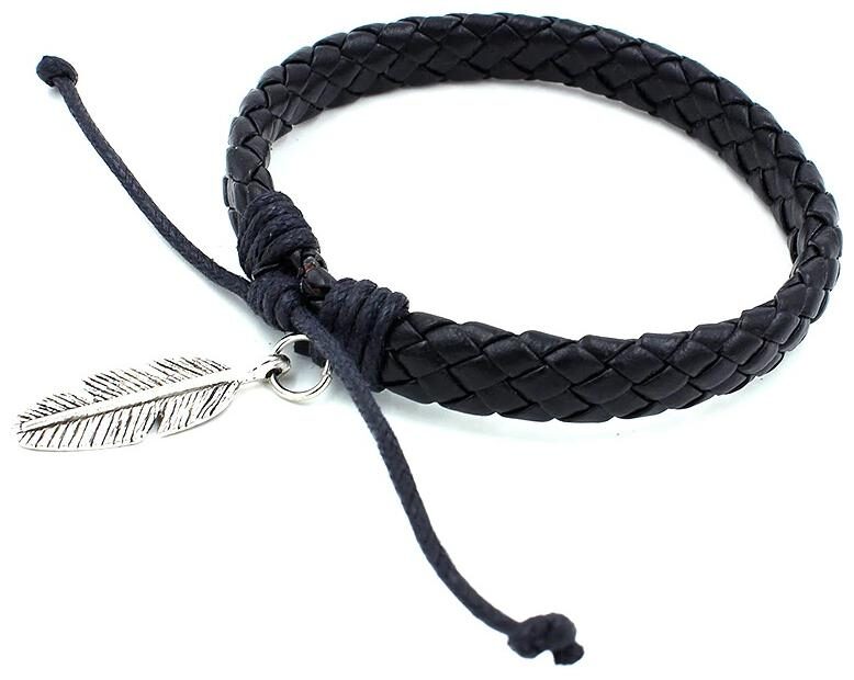 

OOMPH Jewellery Black Braided Leather Leaf Bead Handmade Wrap Bracelet For Men