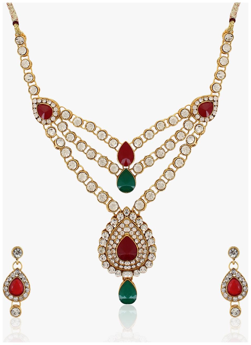 

OOMPH Jewellery Gold Plated Maroon Green American Diamond Traditional Necklace Set Drop Earrings for Women
