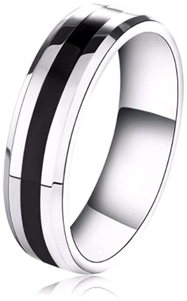

OOMPH Jewellery Silver Stainless Steel Black Enamel Broad Band Ring For Men Boys