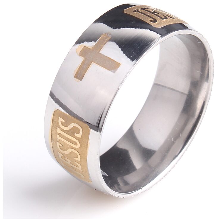 

OOMPH Jewellery Silver Stainless Steel Jesus Cross Broad Band Ring for Men