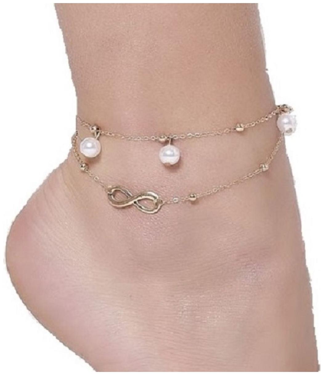 

OOMPH Jewellery Golden Beads 3 White Pearl Charm Fashion Anklet For Women Girls