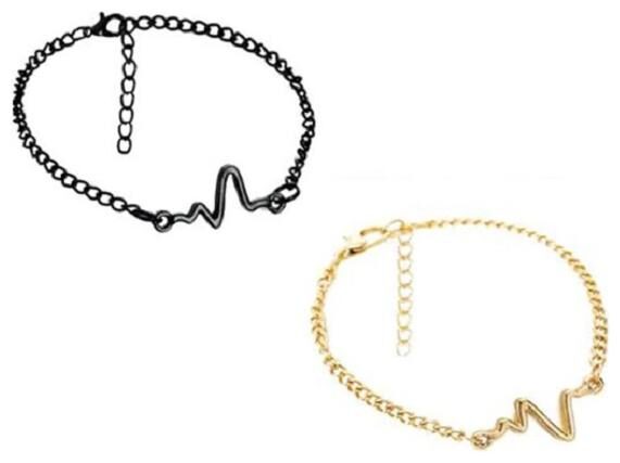 

OOMPH Jewellery Gold Black Heartbeat Combo of 2 Couple Bracelet for Men Women
