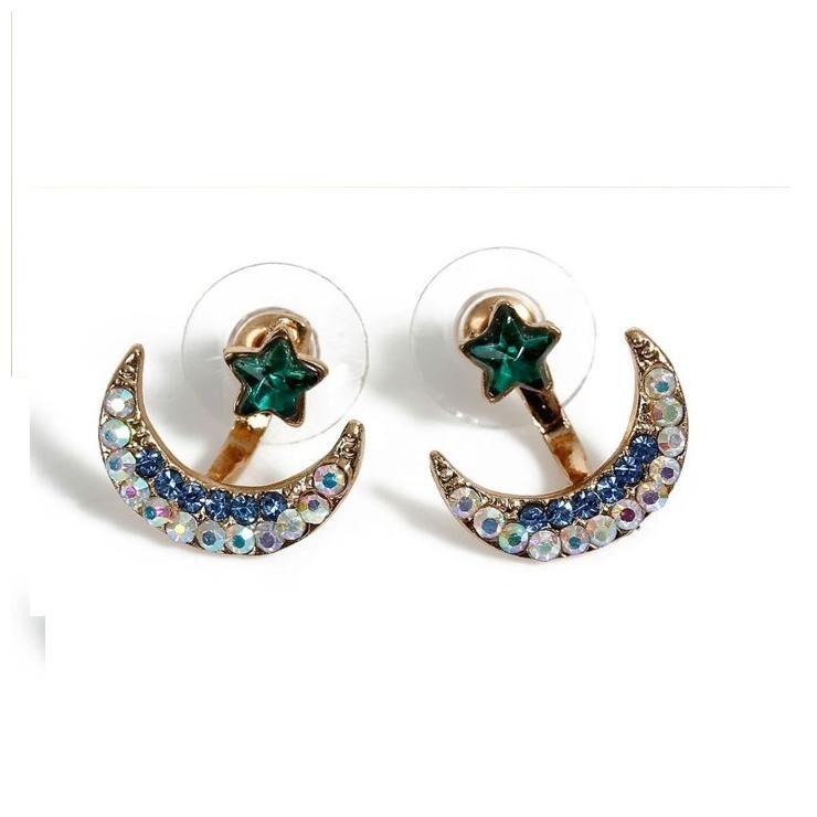 

OOMPH Jewellery Blue Crystal Star Moon Shape Delicate Ear Jacket Stud Fashion Earrings