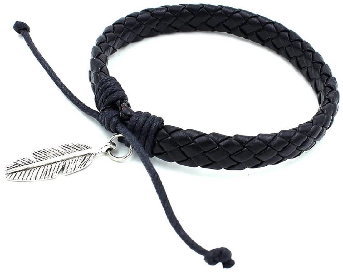 

OOMPH Jewellery Black Braided Leather Leaf Bead Handmade Wrap Bracelet For Men Boys