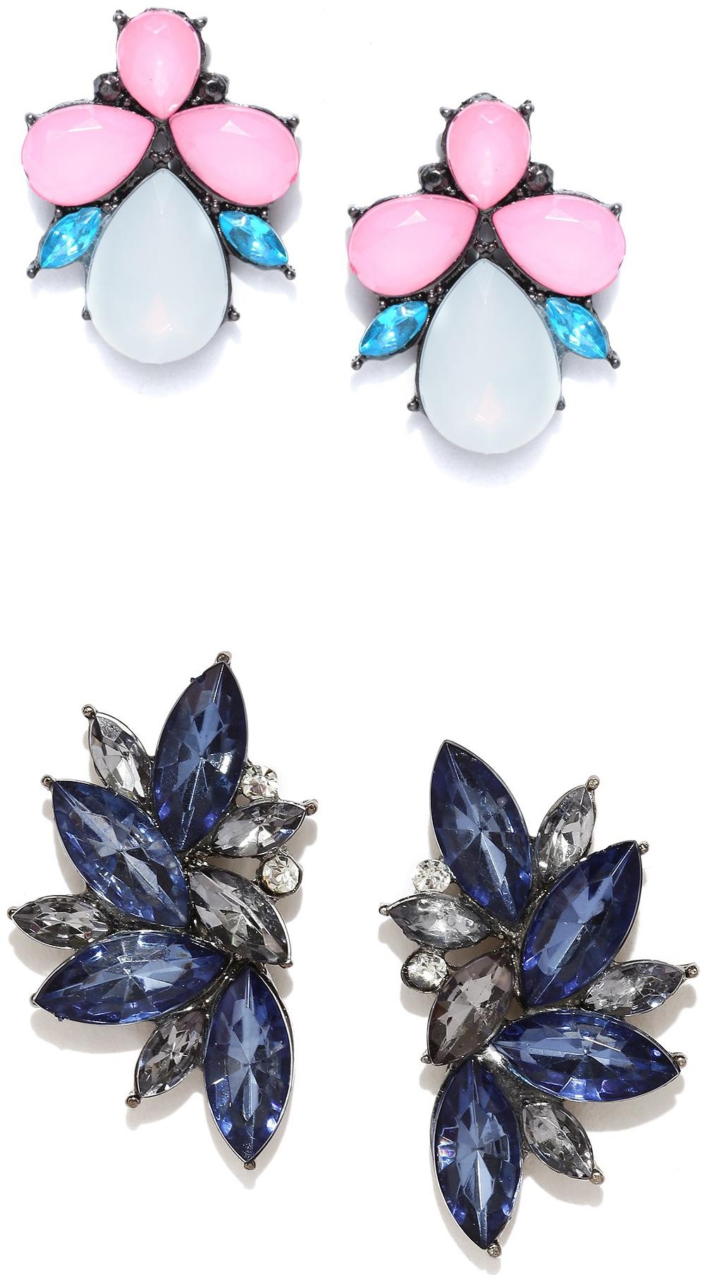 

OOMPH Jewellery Combo of 2 Pink Blue Black Floral Crystal Ear Stud Fashion Earrings