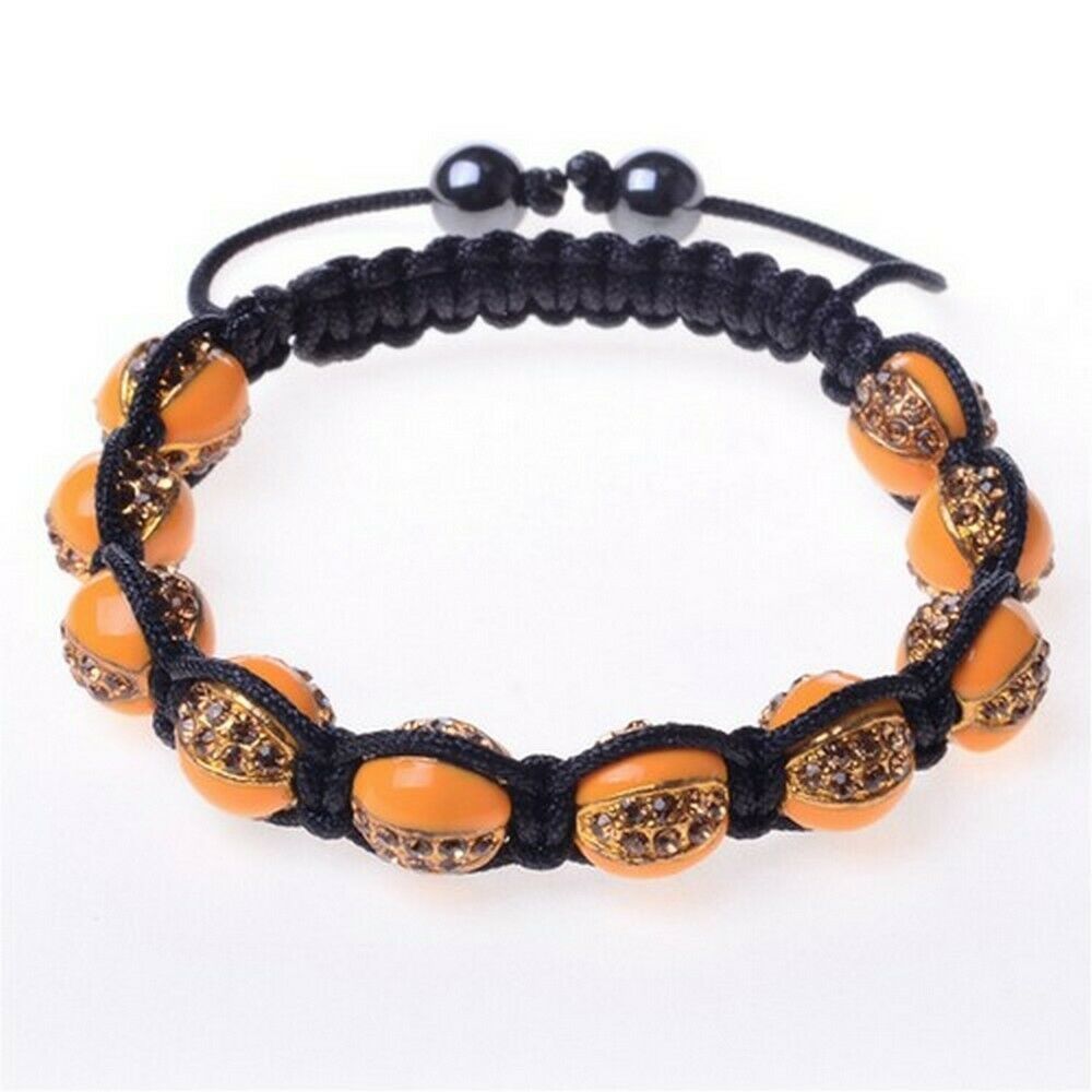 

Orange Crystal Gold Tone Ball Black Cord Adjustable Macrame Unisex Bracelet