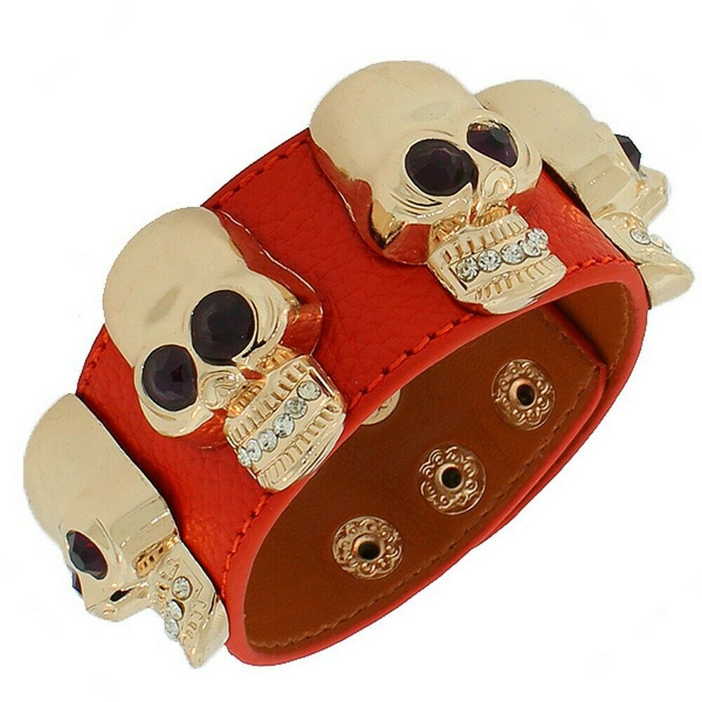 

Orange Leather Gold Tone Fashion Scull Crystals CZ Womens Wristband Bracelet