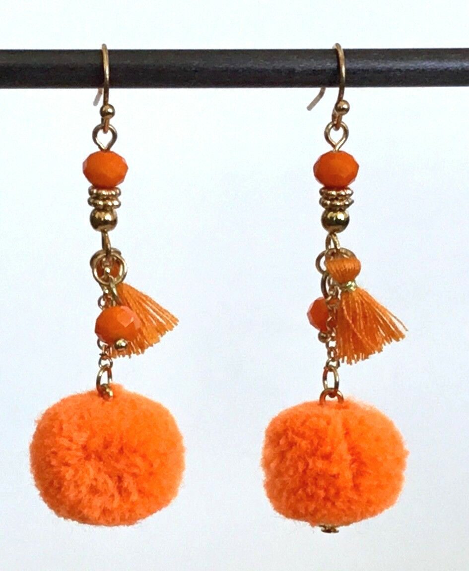 

Orange or Pink Pom Pom and Tassel Dangle Earrings - Gift Boxed
