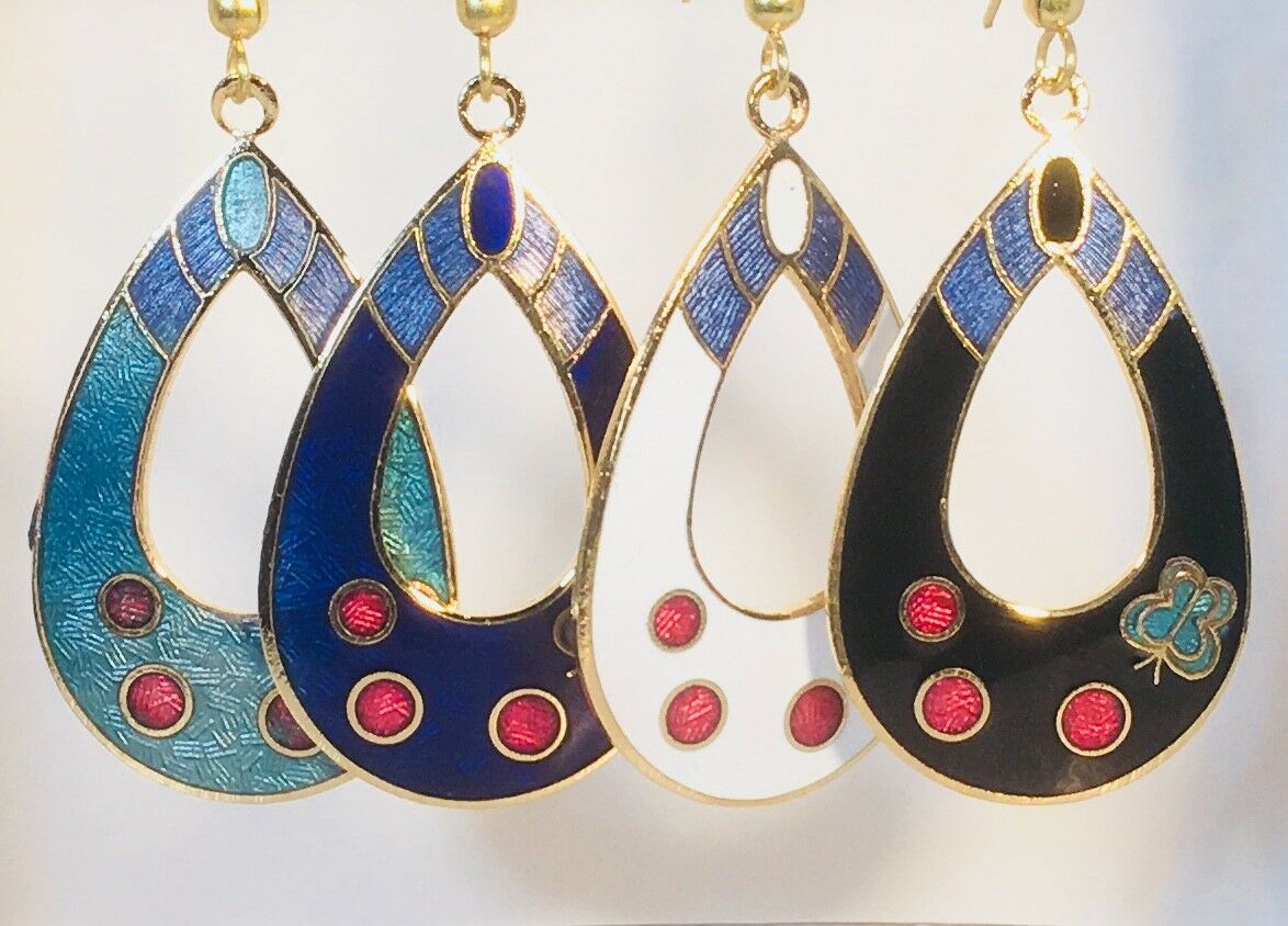 

OVAL BUTTERFLY Earrings Dangle Stefano Vintage Cloisonne many colors Gold Plate
