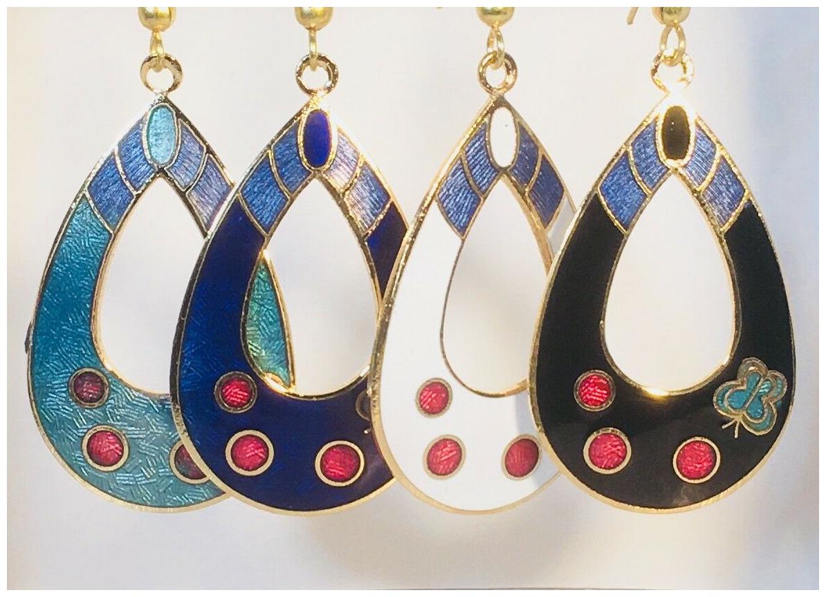 

OVAL BUTTERFLY Earrings Dangle Stefano Vintage Cloisonne many colors Gold Plate