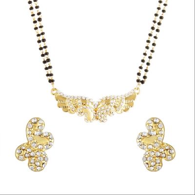 

Mahi Gold Plated Festive Jewelry Heavenly Beauty Mangalsutra Tanmaniya Set with White Crystals for Women NL1103212G