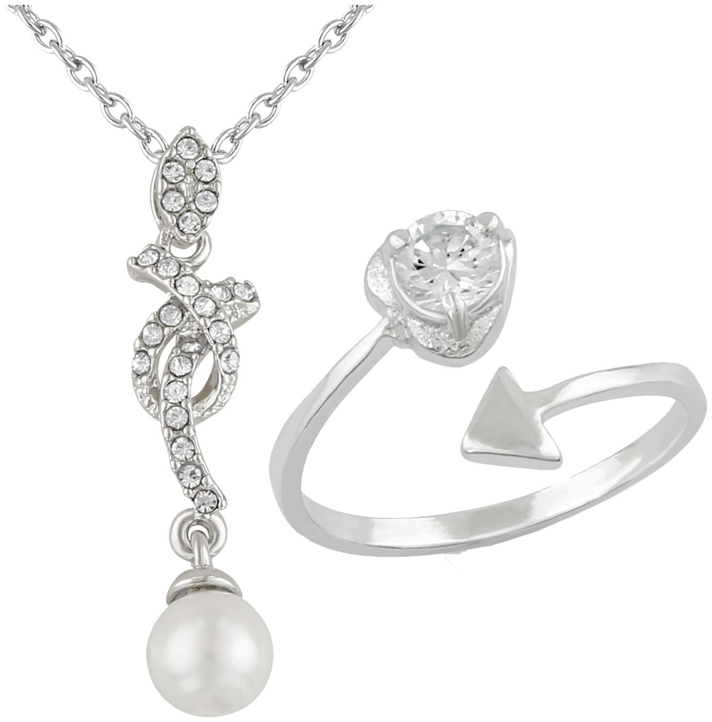 

Mahi Rhodium Plated Combo of Pendant and Finger Ring with Crystal and Artificial Pearl for Girls and Women CO2104836R