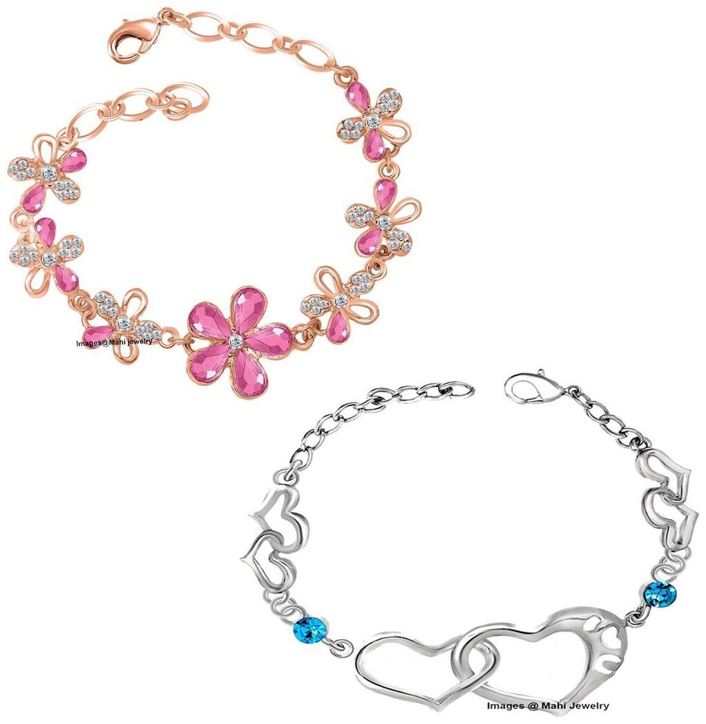 

Mahi Valentine Collection Combo of Dazzling Dual Heart Link and Floral Link Crystal Bracelets for girls and women CO2104708R