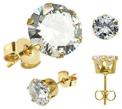 

Pair Gold Plated Over Stainless Steel Stud Earring Clear Round Cut 3 - 10mm H24