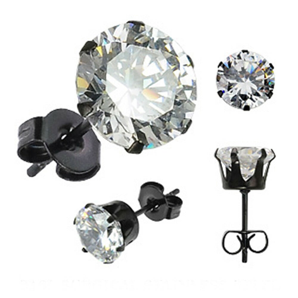 

Pair of Black IP Plated Surgical Stainless Steel Stud Earring Round Clear CZ H80