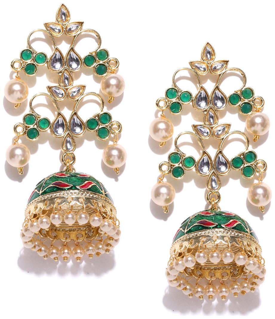 

PANASH Gold-plated Green Handpainted Floral Jhumkas