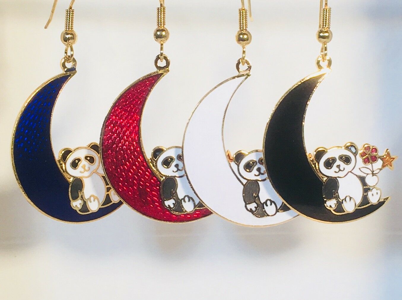 

Panda Bear on Moon Dangle Earrings Stefano Vintage new Cloisonne Gold Plate