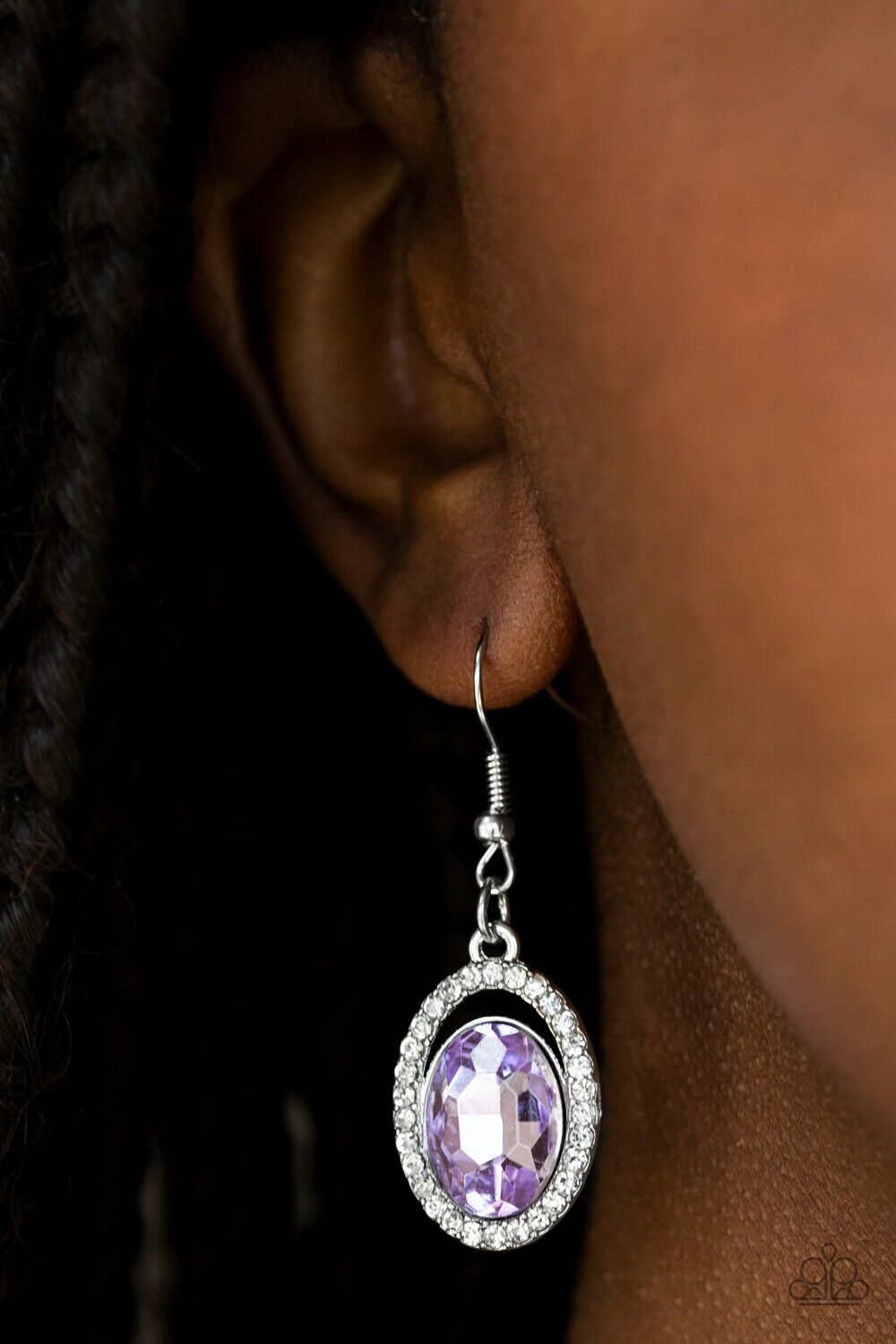 

Paparazzi Earrings Purple Crystal Rhinestone Encrusted Oval- Imperial SHINE-ness