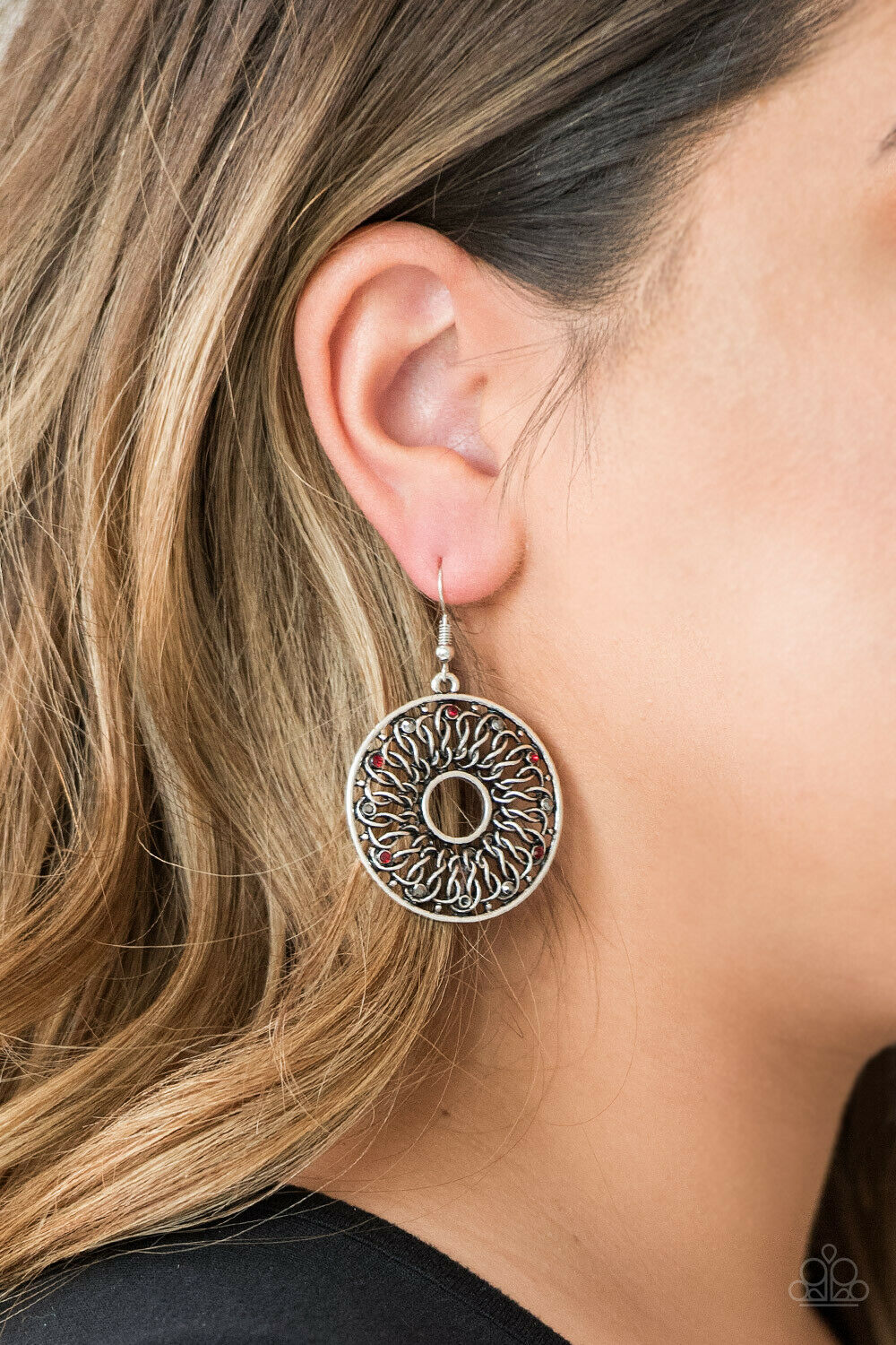 

Paparazzi Earrings Red Black Twisted Wire Silver Circle Jewelry - Malibu Musical