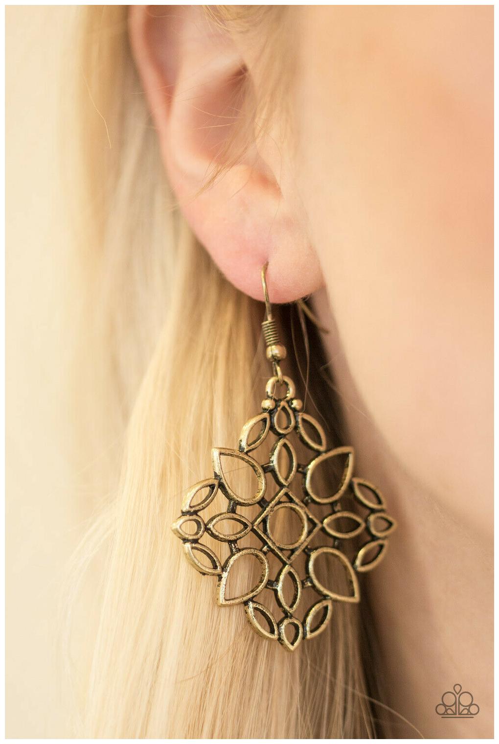 

Paparazzi Earrings Brass Whimsical Silhouettes Jewelry - Elaborate Scheme