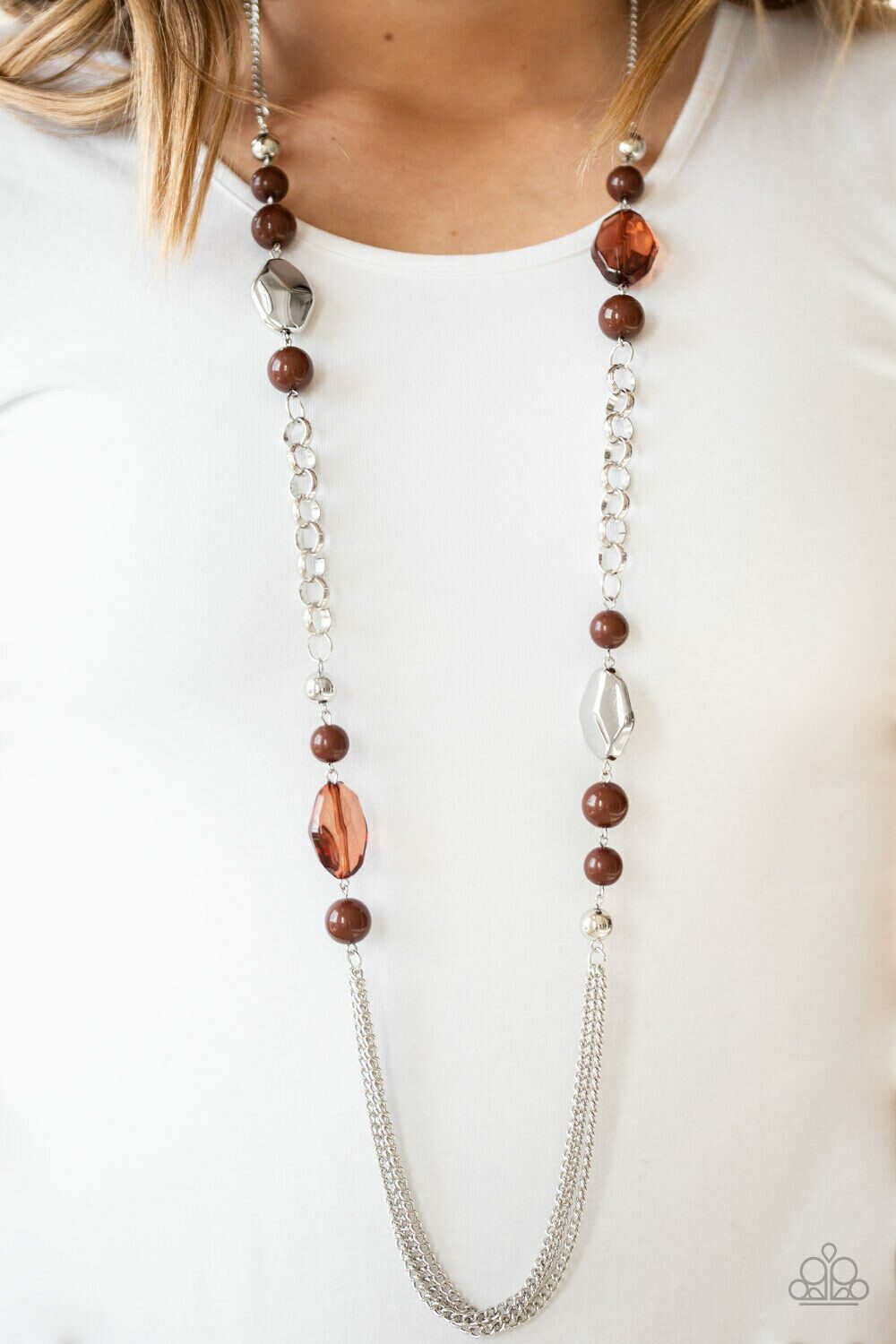 

Paparazzi jewelry crystal like brown polished silver beads Necklace w Earrings